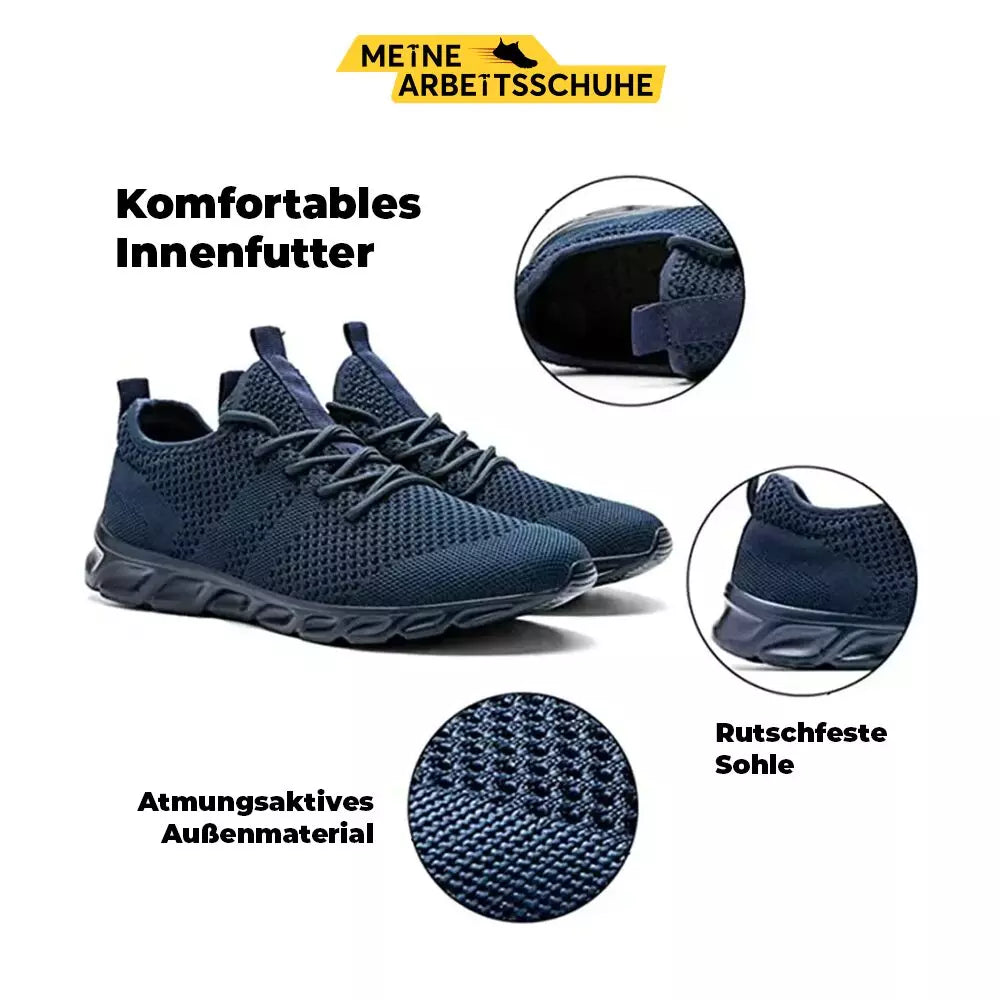 Blue work shoes with text highlighting comfort features on a white background